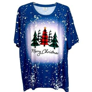 NWOT Merry Christmas Bleached Tee Size 3XL Gingham Check Christmas Trees